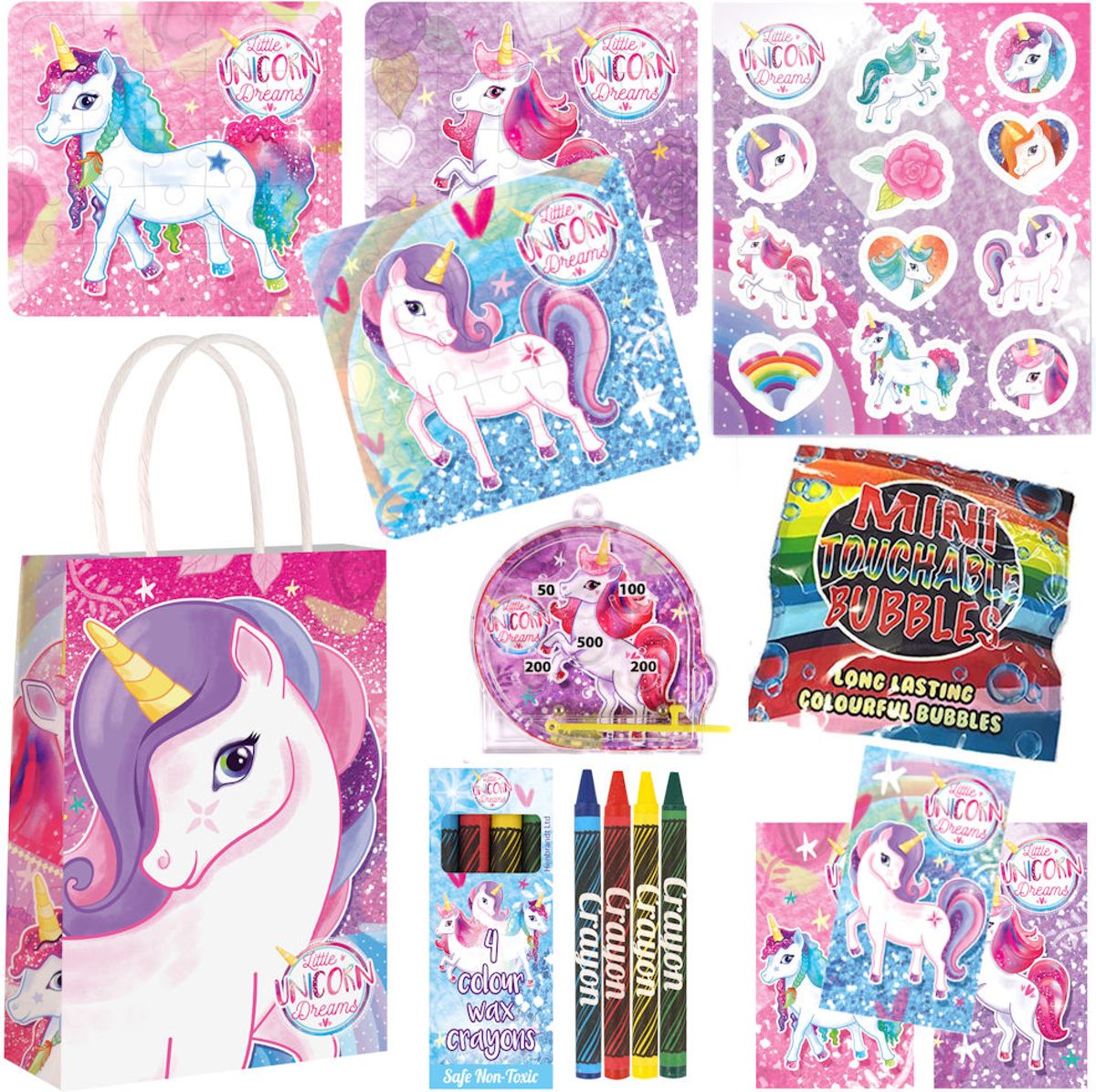 10 STUKS | LUXE UNICORN Traktatie Tas INCLUSIEF Uitdeel Kados. Bestaande uit: Tasje, Krijtjes, Notitieblok, Flipperspel, Puzzel, Stickervel en Bellenblaas | Meisjes | Tractatiedozen voor Verjaardagen en Kinderfeestjes